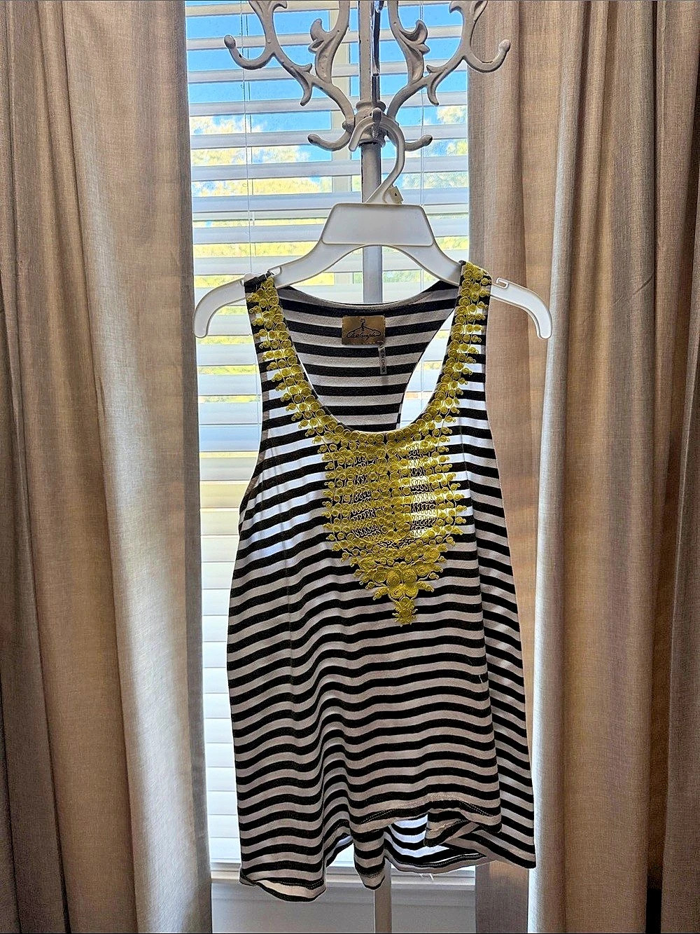Le Sample Striped Embellished Tank Top in Green & White Like New